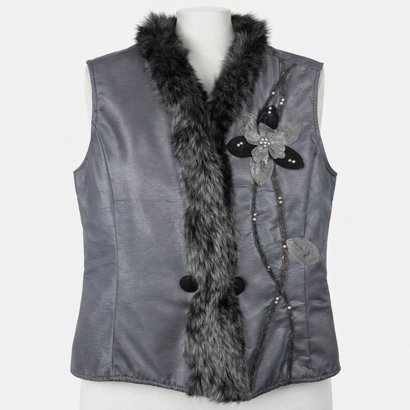 The Unbranded Brand Jackets & Blazers - Black Rabbit Fur Trimmed Vest Womens M Embellished Floral Applique Elegent Party